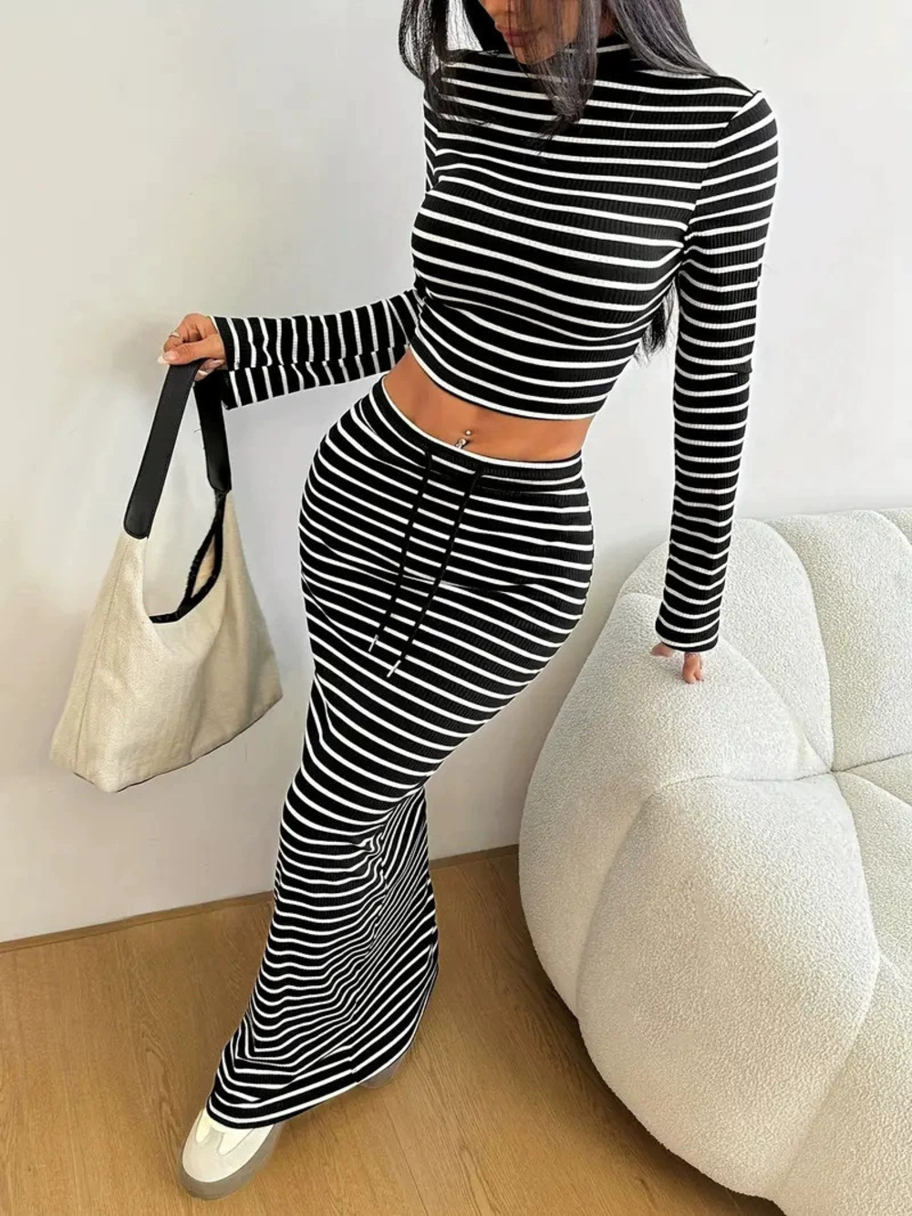 ZARA Solid Striped Set Mock Neck Long Sleeve Top Drawstring Waist Skirt - Picture 1 of 6